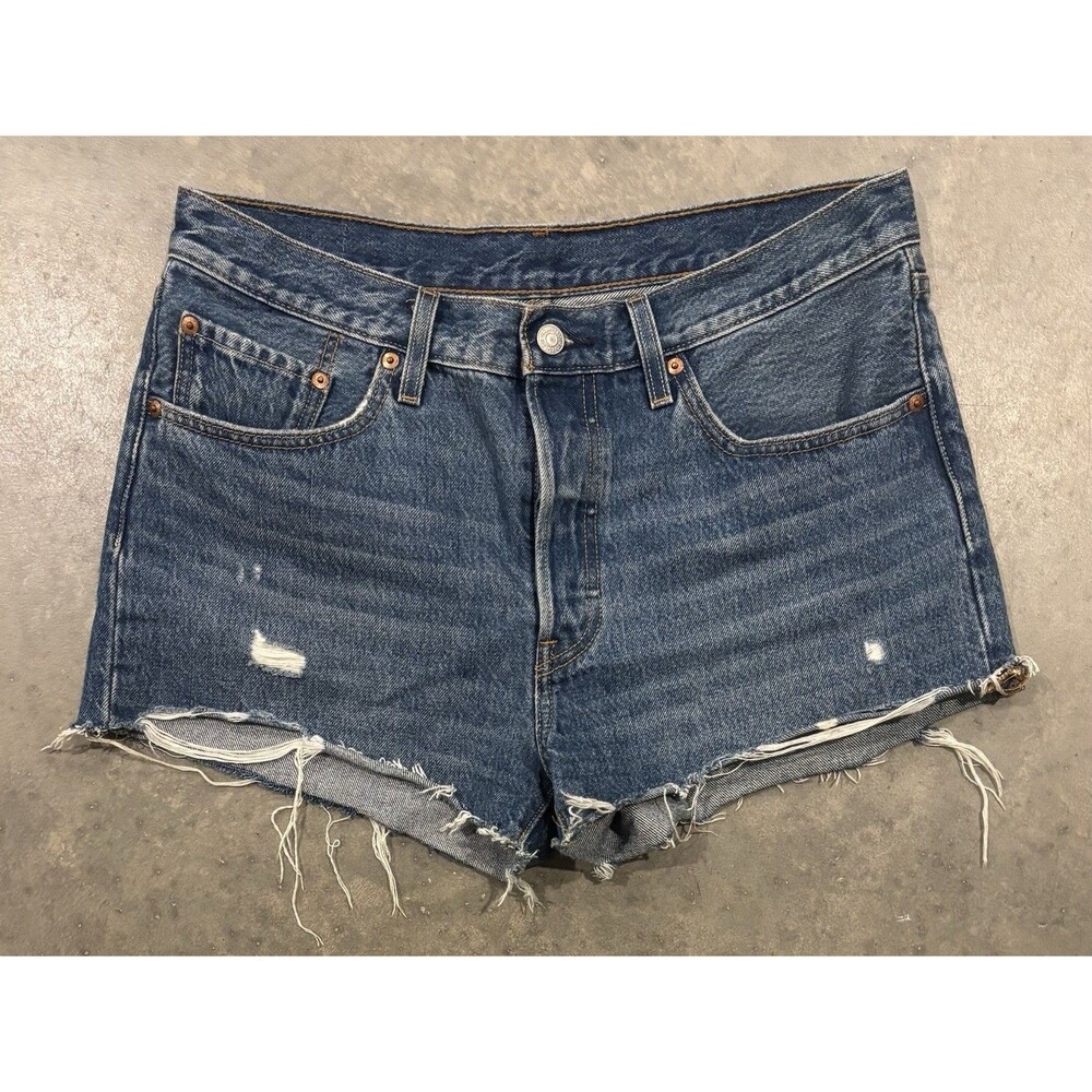 Levi's 501 Cut Off Denim Jean Shorts Womens 30 Medium Wash Frayed Hem Button Fly